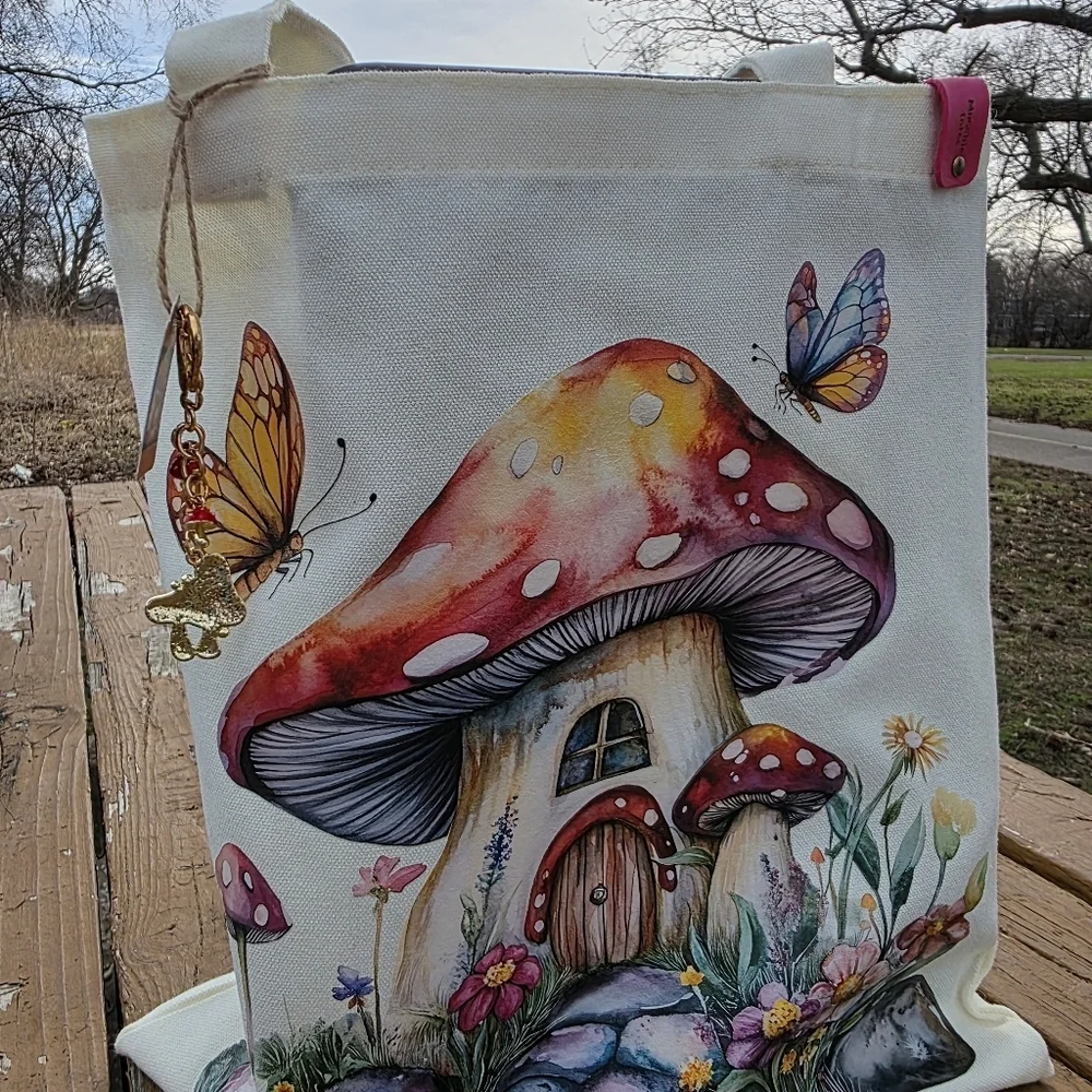 Mooshie Tote + Keychain   Mushroom Cottage Canvas Tote Bag 13x15 NWT